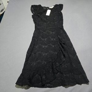 new Monteau Los Angeles Lace Dress Womens Medium Black Cap Sleeve Ruffle Flare